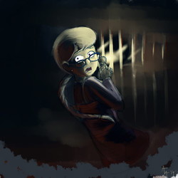 Size: 1400x1400 | Tagged: safe, artist:aa, silver spoon, human, g4, bars, braid, crossover, female, flashlight (object), glasses, humanized, konami, looking back, older, older silver spoon, scared, silent hill, solo