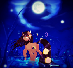 Size: 1700x1600 | Tagged: safe, artist:shymemories, oc, oc only, pony, unicorn, bedroom eyes, butt, female, looking at you, looking back, mare, moon, plot, princess kona, reflection, smiling, solo, water