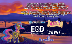 Size: 935x576 | Tagged: safe, artist:kreativemagic, oc, oc only, oc:golden gates, equestria daily, legends of equestria, a brony tale, babscon, babscon mascots, city, convention, ponyville live, poster, scenery, solo, sunset
