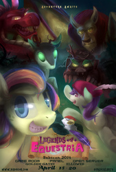 Size: 1215x1800 | Tagged: safe, artist:surgicalarts, oc, oc only, oc:ellowee, oc:golden gates, cockatrice, dragon, dryad, manticore, timber wolf, legends of equestria, 2014, babscon, babscon mascots, convention, monster, poster, video game