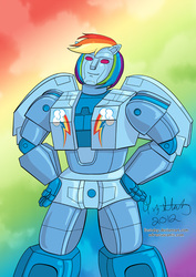 Size: 595x842 | Tagged: safe, artist:lizstaley, rainbow dash, g4, ambiguous gender, crossover, fusion, slingshot (transformers), solo, species swap, transformerfied, transformers