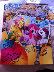 Size: 599x804 | Tagged: safe, oc, oc only, oc:golden gates, 2014, autograph, babscon, babscon mascots, convention, irl, photo
