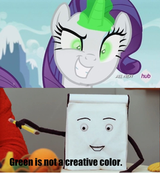 Size: 736x795 | Tagged: safe, edit, edited screencap, screencap, rarity, g4, inspiration manifestation, corrupted, don't hug me i'm scared, green is not a creative color, hub logo, image macro, inspirarity, meme, notepad (dhmis), possessed, this will end in tears and/or death