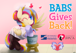 Size: 1000x700 | Tagged: safe, artist:broniesforgood, oc, oc only, oc:golden gates, babscon, babscon mascots, bipedal leaning, bronies for good, charity, clothes, costume, nurse, pantyhose, solo, spca, suicide prevention, suicide prevention lifeline, wink
