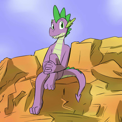 Size: 1280x1280 | Tagged: safe, artist:fuzebox, spike, dragon, g4, looking at you, male, older, older spike, rock, sitting, solo, teenage spike, teenaged dragon, teenager