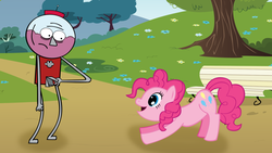 Size: 1024x576 | Tagged: safe, artist:videogamehunter, pinkie pie, g4, benson, crossover, excited, gumball machine, male, park, regular show