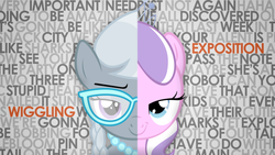 Size: 1920x1080 | Tagged: safe, artist:x3demonomega, diamond tiara, silver spoon, earth pony, pony, friendship is witchcraft, g4, cute from the hip, duality, female, filly, foal, glasses, looking at you, smiling, text, typography, wallpaper