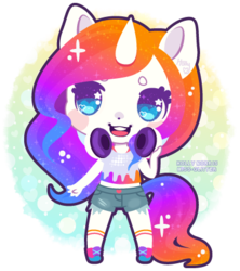 Size: 390x440 | Tagged: safe, artist:miss-glitter, oc, oc only, oc:vivid visions, unicorn, anthro, ambiguous facial structure, anthro oc, bright, chibi, female, mare, neon, solo, sparkles