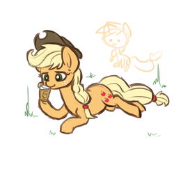 Size: 900x900 | Tagged: safe, artist:otterlore, applejack, g4, grass, lying down, simple background, sweet tea, tea, white background
