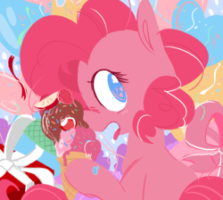 Size: 1000x894 | Tagged: dead source, safe, artist:chop4, artist:wishbby, pinkie pie, g4, balloon, blushing, cute, diapinkes, eating, female, food, heart eyes, hoof hold, ice cream, ice cream cone, open mouth, solo, tongue out, wingding eyes