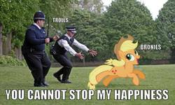 Size: 660x397 | Tagged: safe, artist:normanb88, applejack, earth pony, human, pony, g4, artifact, caption, chase, crossover, danny butterman, fuck the police, hot fuzz, image macro, irl, irl human, meme, metaphor, needs more jpeg, nicholas angel, nick frost, open mouth, photo, police, ponies in real life, reaction image, running, simon pegg, smiling, vector