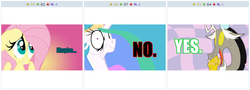 Size: 770x276 | Tagged: safe, artist:grievousfan, screencap, discord, fluttershy, princess celestia, derpibooru, g4, exploitable meme, forced juxtaposition, juxtaposition, juxtaposition win, maybe, meme, meta, no, varying degrees of want, yes