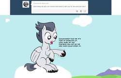 Size: 1152x743 | Tagged: safe, artist:cosmonaut, rumble, lets ask rumble, g4, ask, cloud, cloudy, male, older, puberty, solo, tumblr, unshorn fetlocks