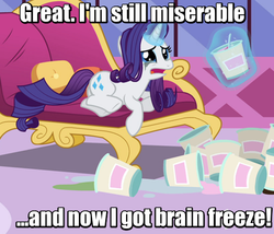Size: 546x467 | Tagged: safe, edit, edited screencap, screencap, rarity, pony, unicorn, g4, inspiration manifestation, brain freeze, cartoon physics, comfort eating, crying, digestion without weight gain, fainting couch, female, hammerspace, hammerspace belly, ice cream, image macro, mare, marshmelodrama, mascara, meme, running makeup, solo, stuffing