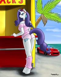 Size: 800x1000 | Tagged: safe, artist:stigma-photon, rarity, anthro, unguligrade anthro, g4, 80s, ass, beach, butt, california, car, clothes, earring, female, food stand, hooves, leg warmers, ocean, off shoulder, palm tree, shirt, shorts, solo, sunglasses, tree