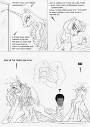 Size: 917x1300 | Tagged: safe, artist:leovictor, twilight sparkle, oc, oc:nyx, alicorn, pony, g4, clothes, comic, costume, david hasselhoff, eyes closed, female, frown, glare, gritted teeth, looking back, magic, mare, mirror, monochrome, nightmare night, nightmare night costume, open mouth, paper bag, pulling, question mark, sitting, smiling, sweat, telekinesis, twilight sparkle (alicorn), wat