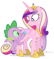 Size: 1000x1100 | Tagged: safe, artist:dm29, princess cadance, spike, alicorn, dragon, pony, g4, duo, female, greed, greed spike, looking back, male, mare, signature, simple background, tasty empire, transparent background