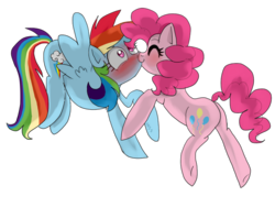 Size: 800x600 | Tagged: safe, artist:misspolycysticovary, pinkie pie, rainbow dash, earth pony, pegasus, pony, g4, blushing, butt, duo, eyes closed, female, kiss on the lips, kissing, lesbian, mare, plot, ship:pinkiedash, shipping, smiling, spread wings, surprise kiss, surprised, wide eyes