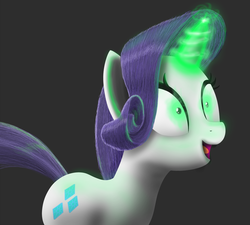 Size: 2000x1800 | Tagged: safe, artist:vladimir-zharkov, rarity, pony, unicorn, g4, inspiration manifestation, corrupted, female, gray background, green eyes, green magic, inspirarity, magic, mare, open mouth, possessed, simple background, solo