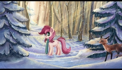 Size: 7000x4000 | Tagged: dead source, safe, artist:fly-gray, roseluck, earth pony, fox, pony, g4, absurd resolution, clothes, commissioner:doom9454, female, forest, mare, scarf, snow, snowfall, solo, winter