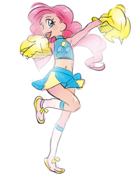 Size: 500x667 | Tagged: safe, artist:karashim, pinkie pie, human, g4, armpits, belly button, cheerleader, cheerleader pinkie, clothes, female, humanized, midriff, pixiv, shoes, skirt, sneakers, solo