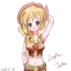 Size: 500x500 | Tagged: safe, artist:mi, applejack, human, g4, belly button, female, humanized, midriff, pixiv, simple background, solo