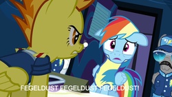 Size: 800x450 | Tagged: safe, edit, edited screencap, screencap, rainbow dash, spitfire, pegasus, pony, g4, wonderbolts academy, adolf hitler, clothes, cute, dashabetes, desk, downfall, female, floppy ears, hermann fegelein, looking at each other, mare, office, parody, spitfire's office, sunglasses, text, uniform, wonderbolt trainee uniform, wonderbolts uniform