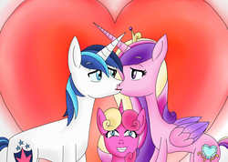 Size: 1725x1230 | Tagged: safe, artist:nigel5469, princess cadance, princess skyla, shining armor, alicorn, pony, unicorn, g4, anniversary, family, female, filly, foal, grin, kissing, male, mare, ship:shiningcadance, shipping, smiling, stallion, straight