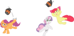 Size: 8039x3927 | Tagged: safe, artist:constellite, artist:joey darkmeat, apple bloom, scootaloo, sweetie belle, earth pony, pony, g4, cutie mark crusaders, grenade, jumping, kicking, this will end in tears and/or death, trio