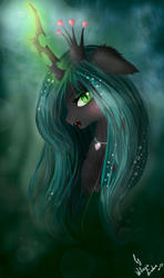 Size: 1773x3005 | Tagged: safe, artist:wilvarin-liadon, queen chrysalis, changeling, changeling queen, g4, beautiful, crown, fangs, female, magic, necklace, solo