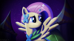 Size: 3840x2160 | Tagged: safe, artist:porkchopsammie, fluttershy, pegasus, pony, g4, the best night ever, clothes, dress, featured image, female, gala dress, high res, mare, night, scene interpretation, solo, spread wings, wallpaper