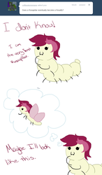 Size: 750x1280 | Tagged: safe, roseluck, butterfly, caterpillar, g4, ask, comic, female, rosereplies, solo, species swap, tumblr