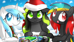 Size: 2000x1146 | Tagged: safe, artist:marytheechidna, christmas, clothes, console ponies, cute, hat, looking at you, looking up, open mouth, playstation, ponified, santa hat, scarf, smiling, snow, snowfall, video game, wii, xbox
