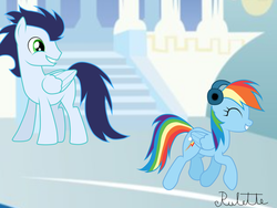 Size: 1024x768 | Tagged: safe, artist:rulette, rainbow dash, soarin', pegasus, pony, g4, blank flank, female, headphones, male, mare, ship:soarindash, shipping, stallion, straight