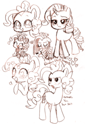 Size: 624x900 | Tagged: safe, artist:momo, pinkie pie, rarity, g4, cute, diapinkes, grayscale, japanese, monochrome