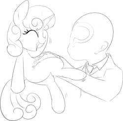 Size: 1084x1066 | Tagged: safe, artist:mcsadat, sweetie belle, oc, oc:anon, human, g4, bellyrubs, monochrome, tickling