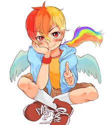 Size: 900x1022 | Tagged: safe, artist:aoin, rainbow dash, human, g4, bandaid, female, humanized, looking at you, pixiv, ponytail, sitting, solo, winged humanization