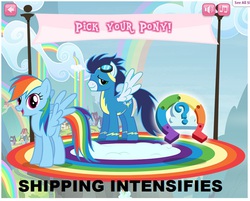 Size: 761x613 | Tagged: safe, rainbow dash, soarin', g4, caption, female, game, hubworld, male, meme, ponies standing next to each other, ship:soarindash, shipping, straight, x intensifies