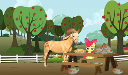 Size: 700x411 | Tagged: safe, apple bloom, applejack, earth pony, horse, pony, g4, apple, apple bloom is not amused, apple pie, apple tree, female, filly, food, hoers, irl horse, live action applejack, pie, pie tin, tree, vector, wat