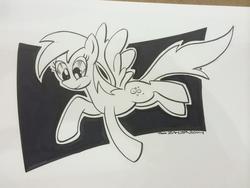 Size: 1024x768 | Tagged: safe, artist:thom zahler, derpy hooves, pegasus, pony, g4, 2014, black and white, c2e2, c2e2 2014, female, grayscale, mare, monochrome, signature, solo, tail, traditional art