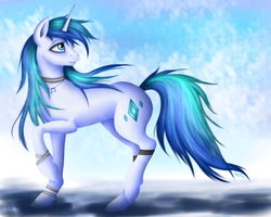 Size: 1600x1280 | Tagged: safe, artist:puggie, oc, oc only, pony, unicorn, anklet, chrystal, diamonds, ice, looking back, music, necklace, raised hoof, smiling, solo