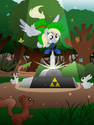 Size: 1024x1365 | Tagged: safe, artist:aleximusprime, derpy hooves, butterfly, owl, pegasus, pony, rabbit, squirrel, g4, female, flying, forest, gritted teeth, link, mare, master sword, mouth hold, parody, pedestal, pulling, the legend of zelda, triforce