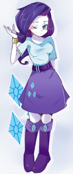 Size: 655x1543 | Tagged: safe, artist:hua, rarity, equestria girls, g4, belt, boots, bracelet, clothes, cutie mark, female, gem, high heel boots, jewelry, looking at you, one eye closed, skirt, solo, wink