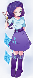 Size: 655x1543 | Tagged: safe, artist:hua, rarity, human, equestria girls, g4, blushing, boots, bracelet, breasts, clothes, cutie mark, cutie mark background, female, gem, high heel boots, human coloration, humanized, jewelry, one eye closed, simple background, skirt, solo, wink