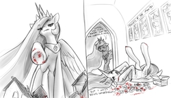 Size: 1523x870 | Tagged: dead source, safe, artist:alloyrabbit, princess cadance, princess celestia, princess luna, twilight sparkle, alicorn, pony, g4, alicorn tetrarchy, bait and switch, bedroom eyes, crown, destruction, fake blood, fantasy, female, floppy ears, giantess, giantlestia, hair over one eye, hilarious in hindsight, jewelry, ketchup, licking lips, limited palette, macro, mare, on back, open mouth, peytral, playing, regalia, roleplay, sillestia, sketch, smiling, stomping, talking, tongue out, twilight sparkle (alicorn), unamused, underhoof, whining