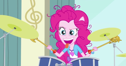 Size: 800x421 | Tagged: safe, edit, screencap, pinkie pie, equestria girls, g4, my little pony equestria girls: rainbow rocks, pinkie on the one, drums, female, musical instrument, ponied up, solo, twilight scepter
