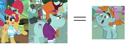 Size: 1140x432 | Tagged: safe, big wig, claude, snips, earth pony, pony, unicorn, g4, inspiration manifestation, season 4, clothes, colt, fat, female, hat, headcanon, lidded eyes, male, mare, spoiler, stallion, wat