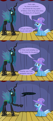 Size: 1280x957 | Tagged: safe, artist:evil-dec0y, queen chrysalis, trixie, changeling, changeling queen, pony, unicorn, comic:trixie vs., g4, cape, clothes, comic, duo, duo female, female, hat, mare, stage, trixie's cape, trixie's hat