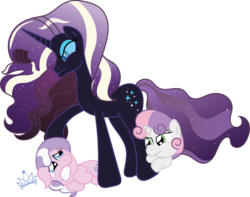 Size: 3826x3009 | Tagged: safe, artist:t-3000, diamond tiara, nightmare rarity, sweetie belle, earth pony, pony, unicorn, g4, angry, female, filly, foal, high res, leg hug, mare, nicemare rarity, pouting, simple background, transparent background