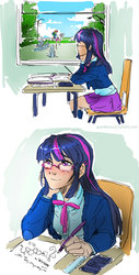 Size: 1383x2715 | Tagged: safe, artist:ddhew, rainbow dash, twilight sparkle, equestria girls, g4, blushing, clothes, comic, female, humanized, lesbian, observer, school, ship:twidash, shipping, skirt, table, window